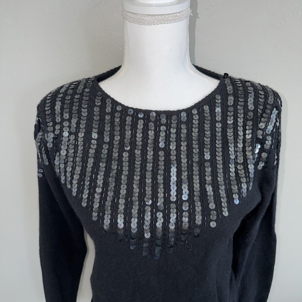 Vintage 80’s Lambswool Angora Women’s Sweater Small Black Sequins Shoulder Pads - Picture 2 of 12